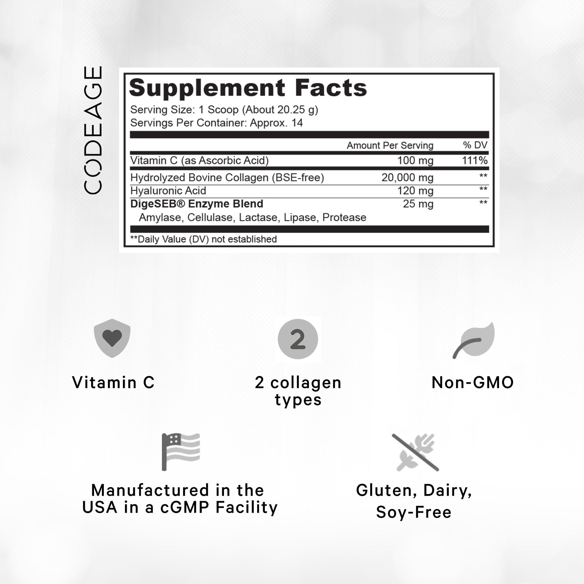 Codeage Collagen Peptides Powder + Vitamin C - 20g Grass-Fed Collagen Per Serving - Digestive Enzymes, Hyaluronic Acid, 18 Amino Acids - Hydrolyzed Collagen Protein - Non-GMO, Unflavored - 9.98 oz