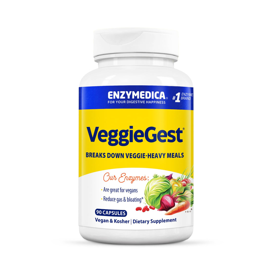 Enzymedica VeggieGest, Digestive Enzymes for Vegan, Vegetarian and Raw Diets, Prevents Gas and Bloating, 90 Count