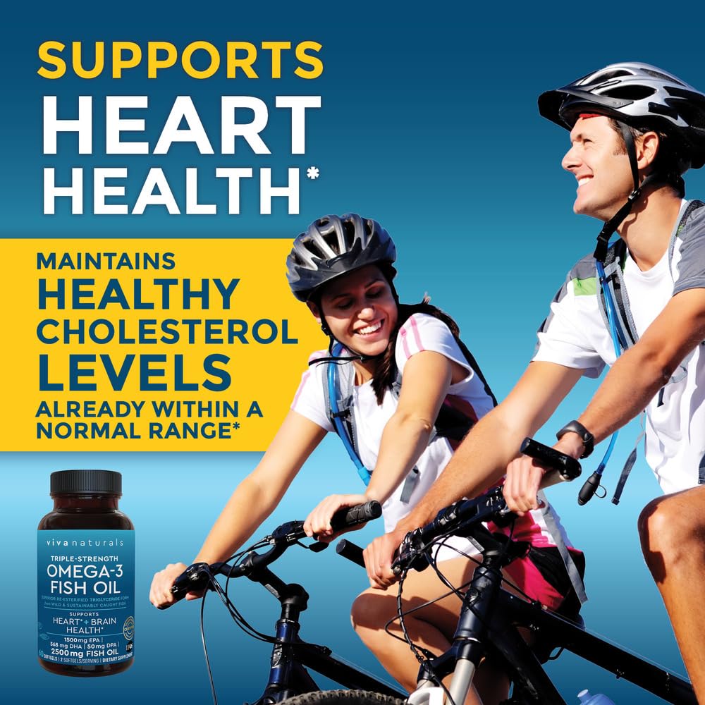 Viva Naturals Triple Strength Omega 3 Fish Oil Supplement - 2500 mg Fish Oil with Re-Esterified Omega 3 Fatty Acids Including EPA, DHA DPA - 60 Pescatarian-Friendly Softgels