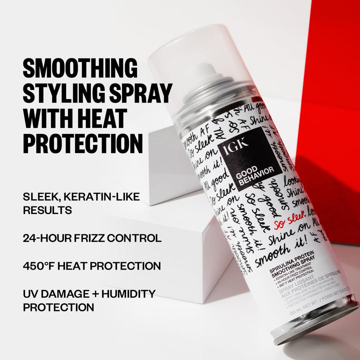 IGK - GOOD BEHAVIOR - Heat Protection Spray for Hair – Anti-Frizz Smoothing Spray with Spirulina Protein – Lightweight Hair Protectant for Heat Like Styling and Shine - 5.6 oz