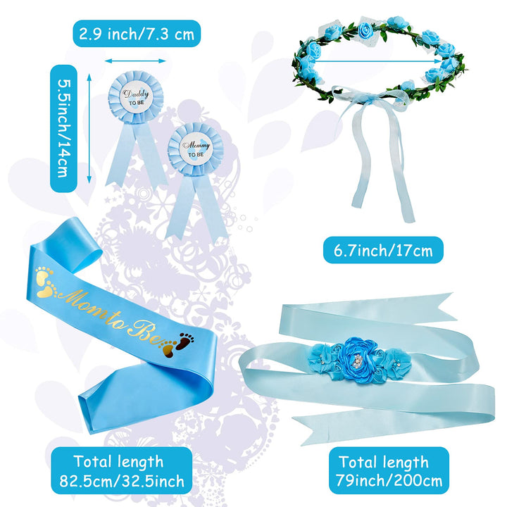 Xinnun 5 Pcs Baby Shower Maternity Sash Kit Shoulder Sash and Pin Daddy Corsages Flower Crown Pregnancy Sash Rose Wreath Headdress for Baby Shower Pregnancy Parents Prop Present Party Favor(Blue)