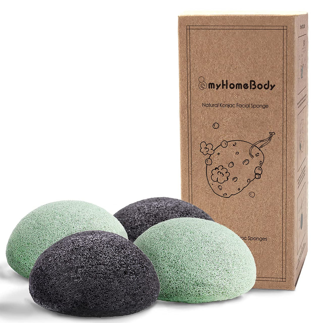 MyHomeBody (4 Pack) 100% Natural Konjac Facial Sponges with Activated Charcoal and Aloe Vera
