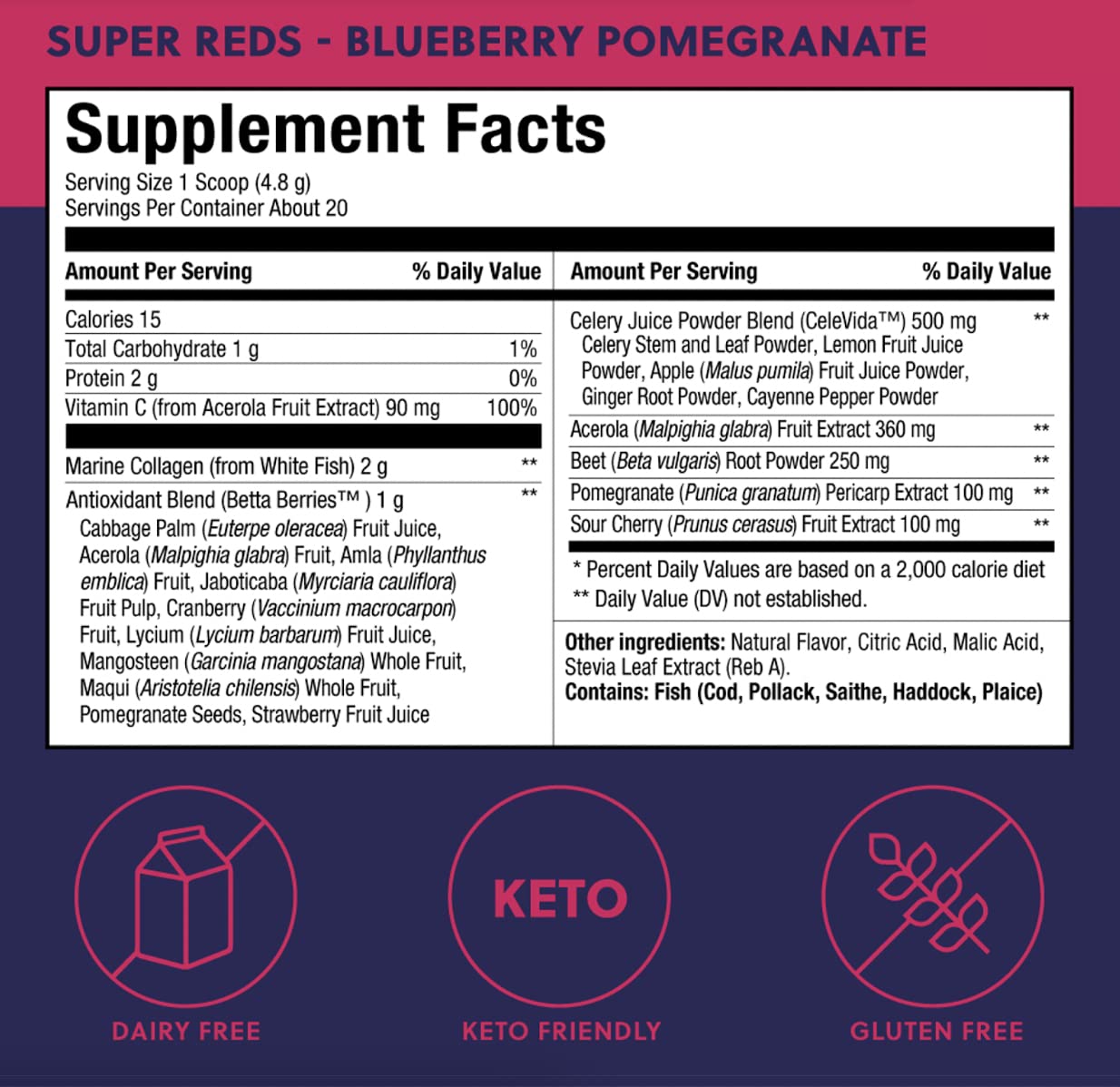 Perfect Keto Super Reds Superfood Powder, Antioxidants Supplement with Fruit & Vegetable Powder, Polyphenols & Marine Collagen, Drink Mix for Skin & Energy Support, Blueberry Pomegranate, 20 Servings