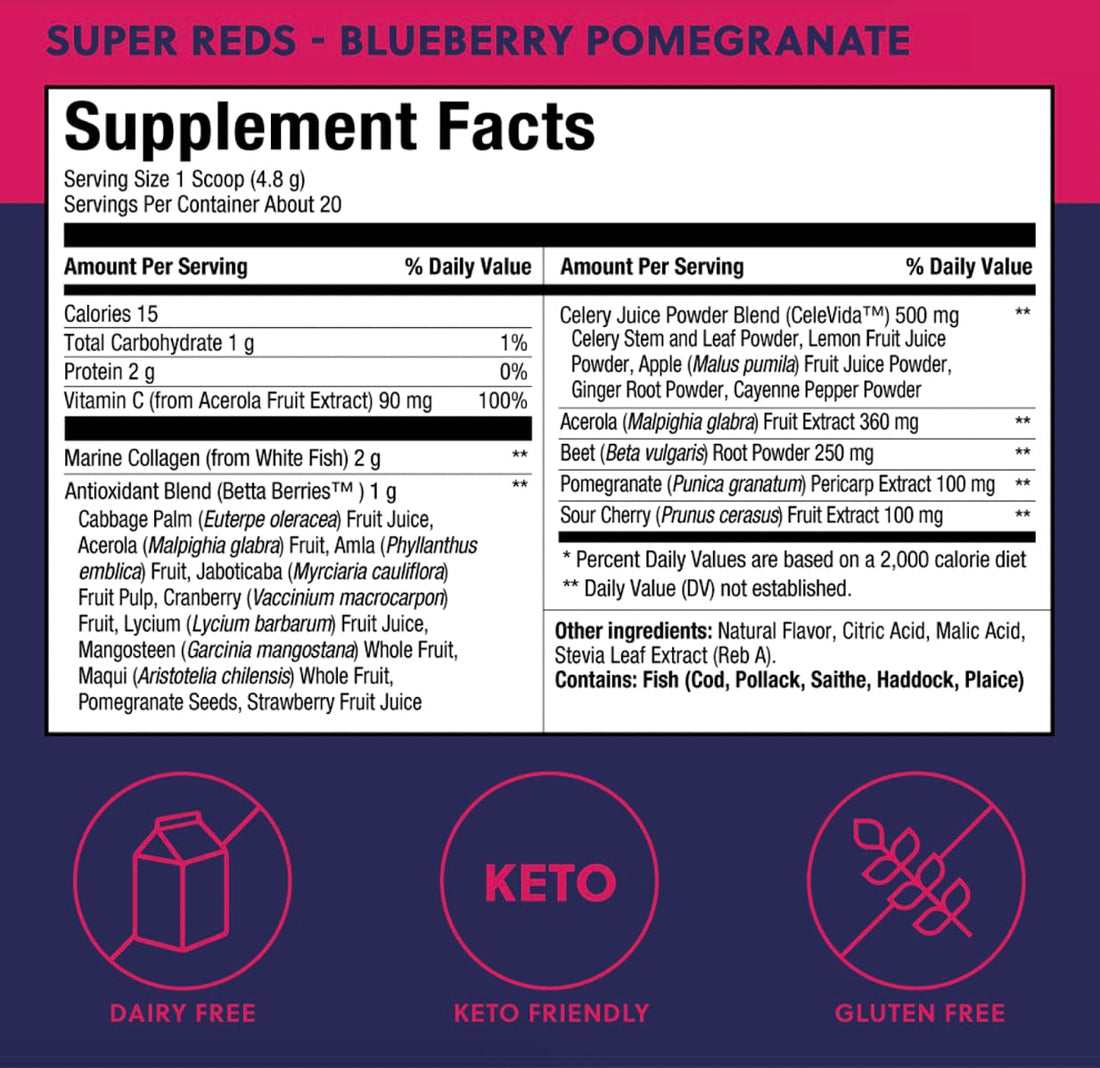 Perfect Keto Super Reds Superfood Powder, Antioxidants Supplement with Fruit & Vegetable Powder, Polyphenols & Marine Collagen, Drink Mix for Skin & Energy Support, Blueberry Pomegranate, 20 Servings