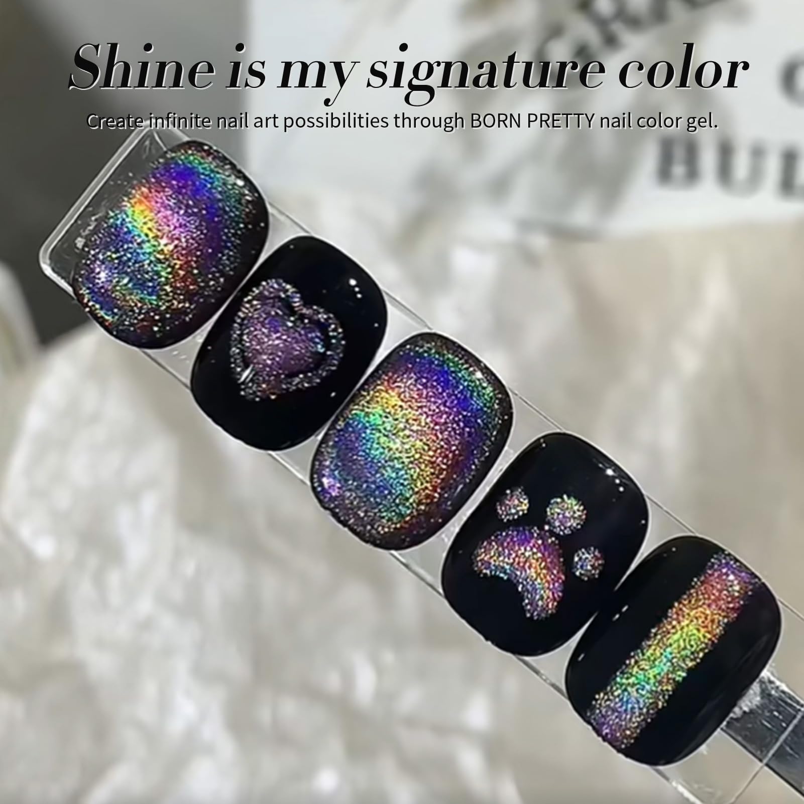 Born Pretty Cat Magnetic Eye Gel Nail Polish Holographic Rainbow Cat Magnetic Gel, Black Glitter Magnetic Soak Off U v Nail Gel Diy Art for Girls Women 15ML