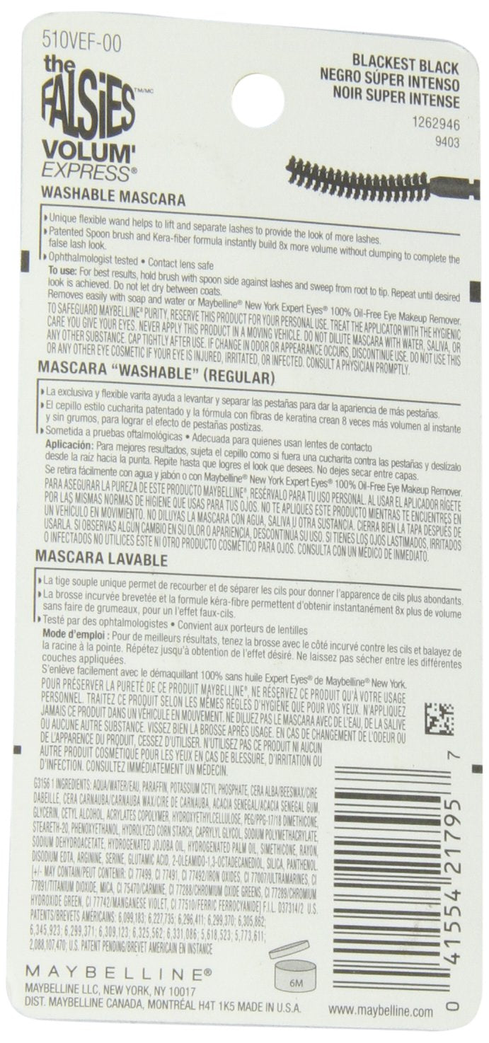 Maybelline New York The Falsies Volum' Express Washable Mascara, Blackest Black, 0.25 Fluid Ounce