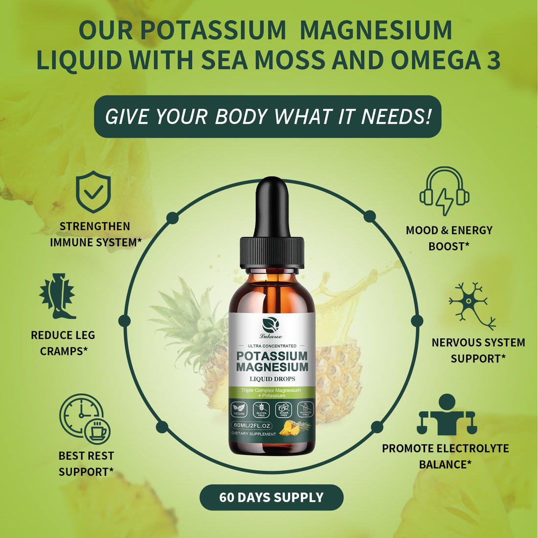 Potassium Magnesium Supplement Liquid w/Triple Complex Magnesium Glycinate & Potassium Plus Omega 3, Sea Moss, Black Seed, D3K2 & Calcium for Zzz, Leg Cramps & Muscle-2 FL OZ Drop