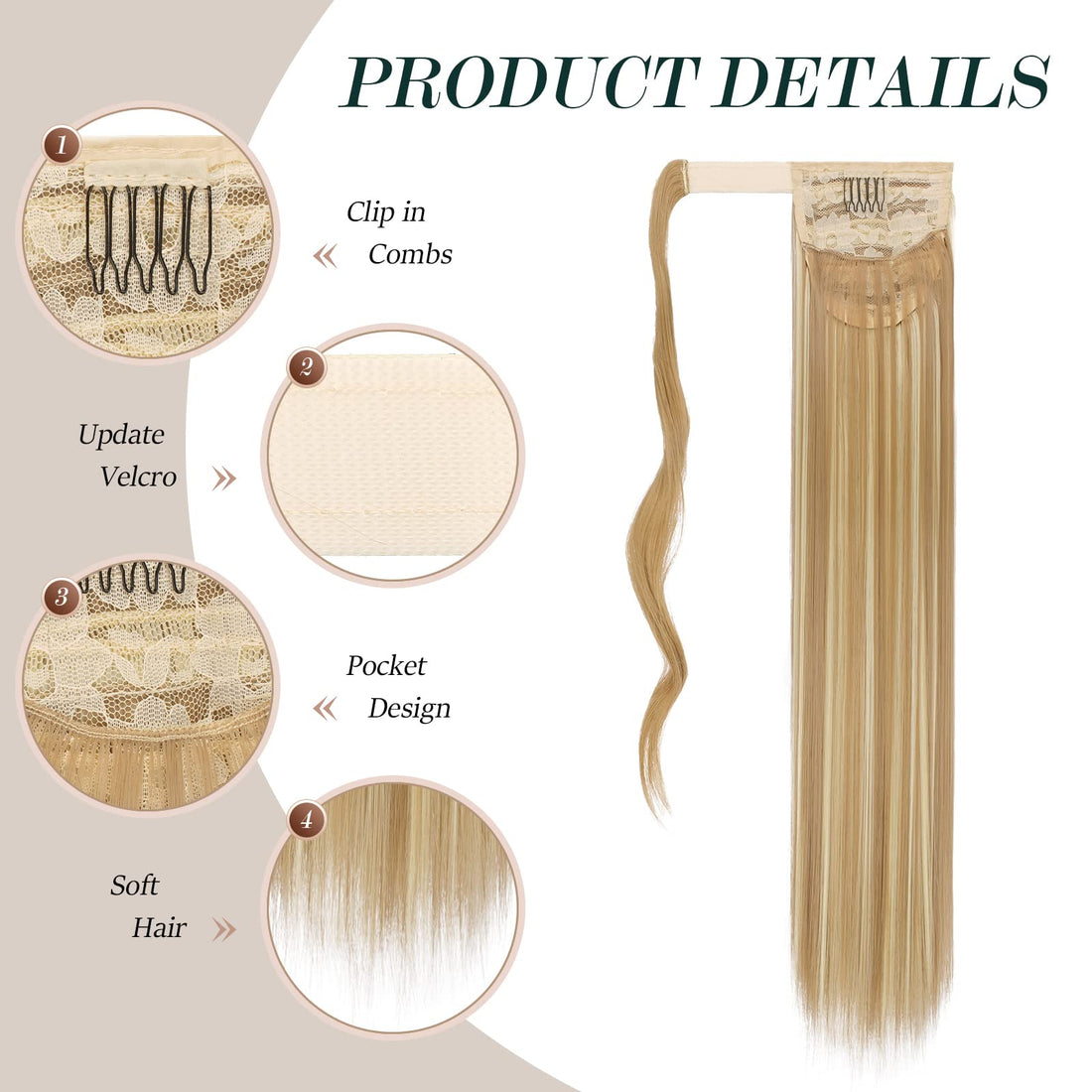 FESHFEN Straight Ponytail Extensions 28 Inch Long Wrap Around Synthetic Hair Piece Clip in Ponytail Hair Extensions Hairpiece for Women Girls 150g