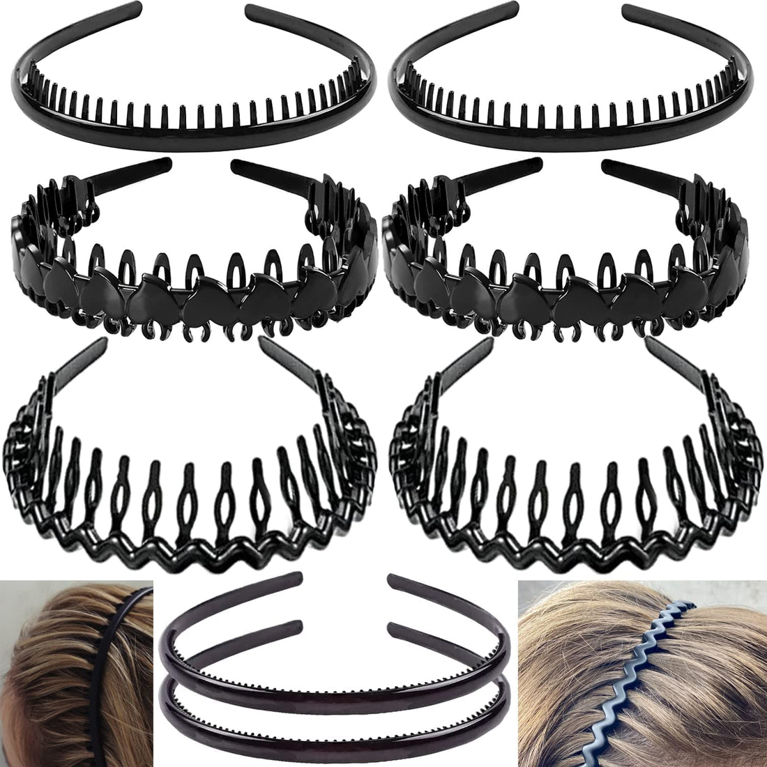 ULTIMUTE 8 PCS Fashion Effortless Plastic Headbands with Teeth Comb Black Skinny Headbands No Slip Hair Accessories Bands for Women Men Teen Girls, Bright Black