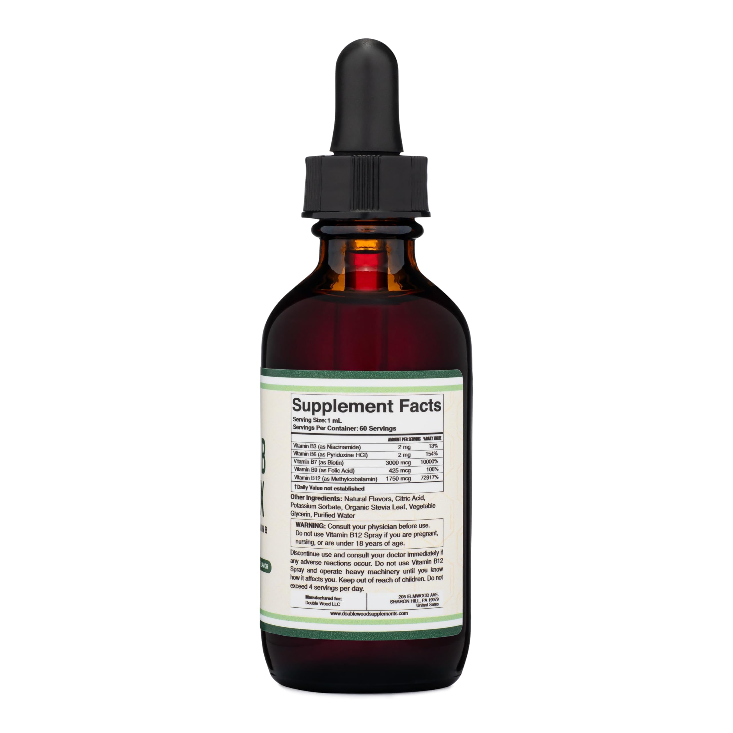 Double Wood Supplements Liquid Vitamin B Complex - 2 Month Supply - Max Absorption - B3, B6, B7 (Biotin), B9, and Vitamin B12 - Cherry Flavor - 2 FL OZ