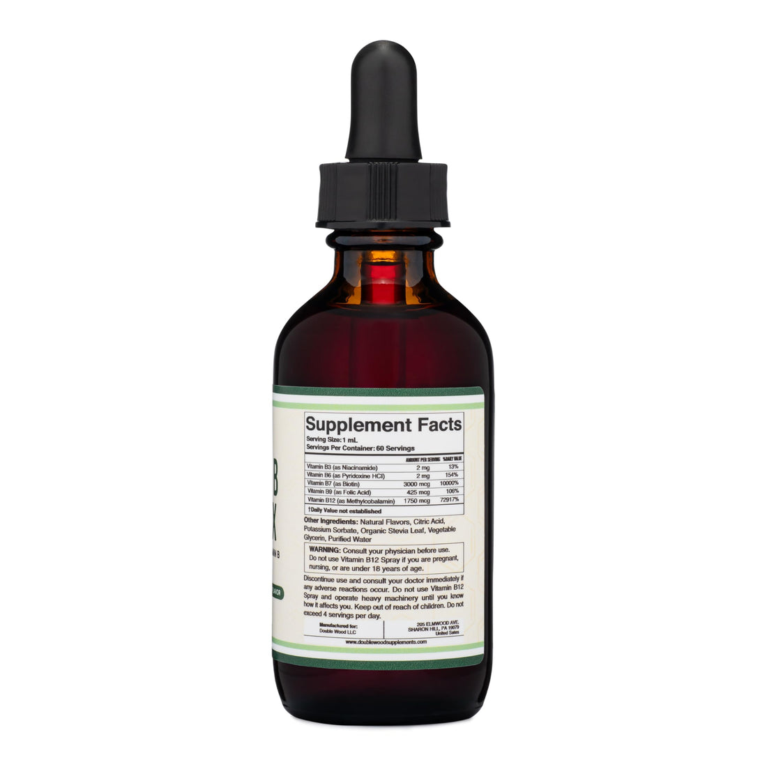 Double Wood Supplements Liquid Vitamin B Complex - 2 Month Supply - Max Absorption - B3, B6, B7 (Biotin), B9, and Vitamin B12 - Cherry Flavor - 2 FL OZ