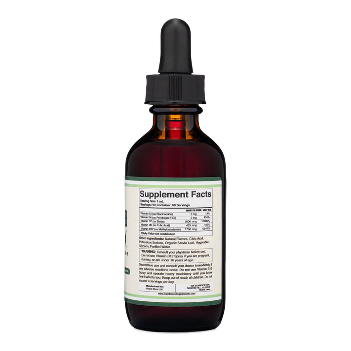 Double Wood Supplements Liquid Vitamin B Complex - 2 Month Supply - Max Absorption - B3, B6, B7 (Biotin), B9, and Vitamin B12 - Cherry Flavor - 2 FL OZ