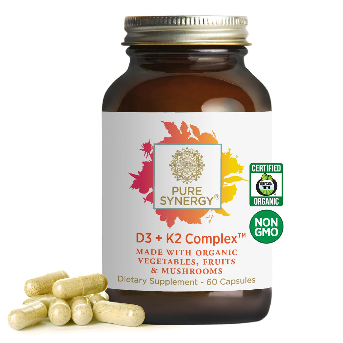 PURE SYNERGY D3 + K2 Complex | Vegan Vitamin D3 K2 Complex | Organic Vitamin D3 Supplement with Vitamin K2 and K1 Plus Organic Whole Foods | Supports Bone, Brain, and Immune Health (60 Capsules)