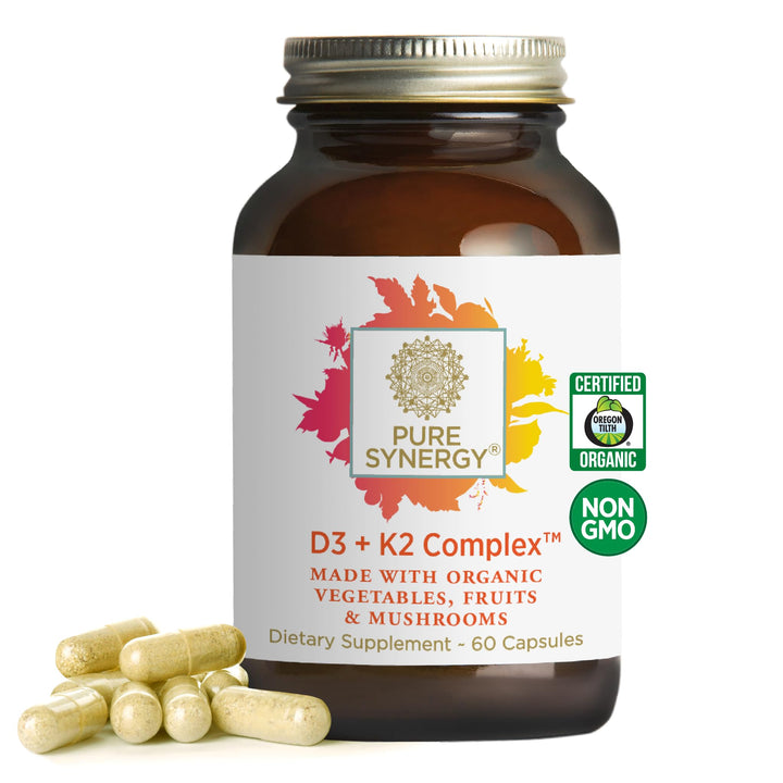 PURE SYNERGY D3 + K2 Complex | Vegan Vitamin D3 K2 Complex | Organic Vitamin D3 Supplement with Vitamin K2 and K1 Plus Organic Whole Foods | Supports Bone, Brain, and Immune Health (60 Capsules)