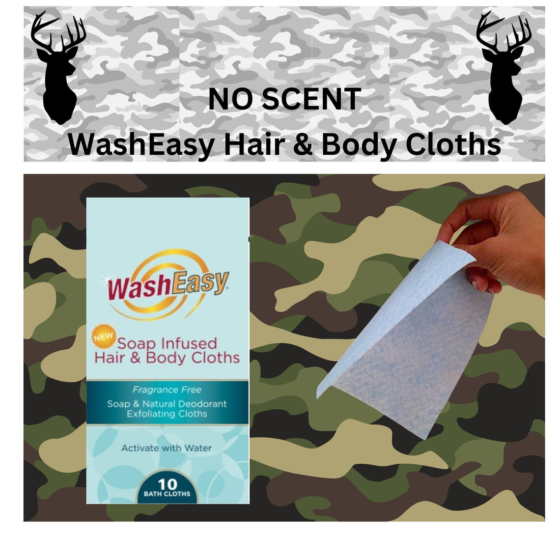 WASHEASY Soap Infused Hair and Body Cloths 10 pack Fragrance Free Natural BathWash Sheet Camping RV College Home Hunting Anywhere Use
