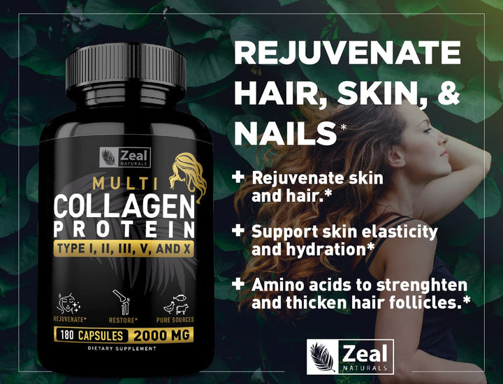 Multi Collagen Peptides Pills (Types ,,,,) Grass Fed Collagen Pills (180 Capsules) - Hydrolysate Collagen Protein Blend for Hair, Skin, Nails, and Joint Support - Collagen Pills for Women
