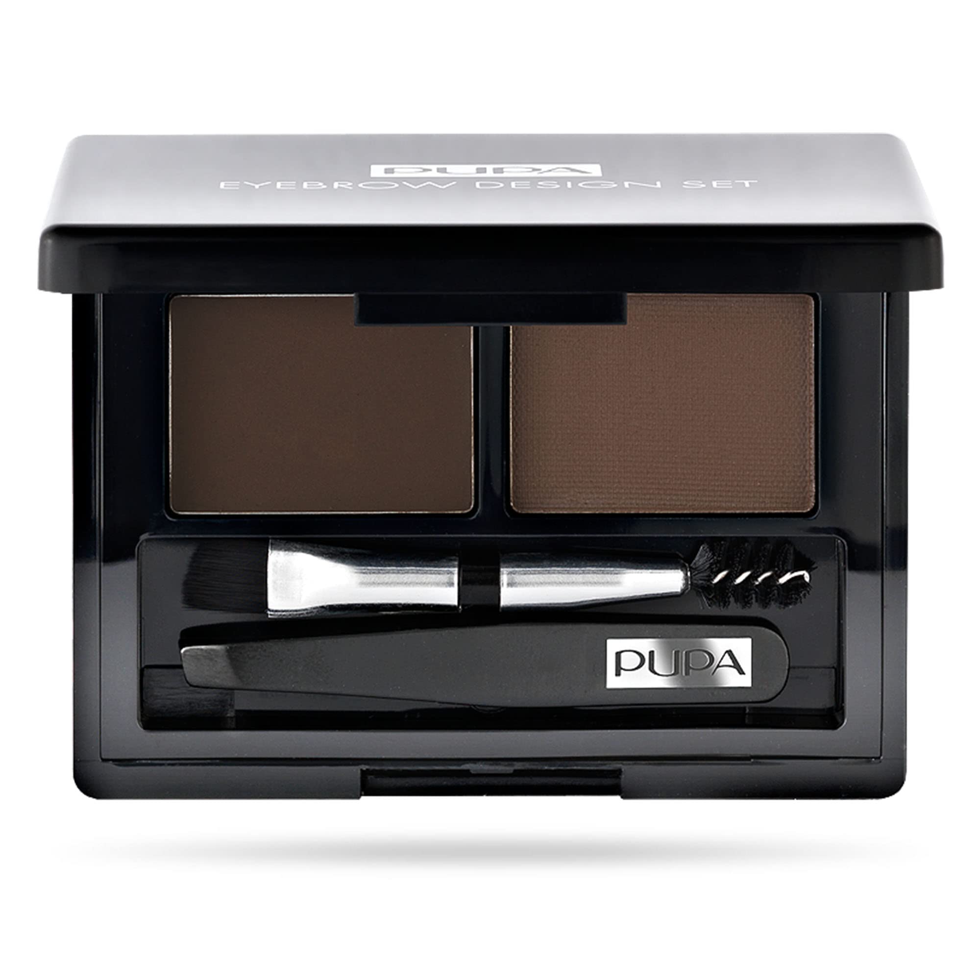 Pupa Milano Eyebrow Design Set - Professional Kit for Perfect Eyebrows - Includes Setting Wax, Compact Powder, Professional Tweezers, Double Applicator and Angled Brush and Comb - 002 Brown - 0.039 Oz