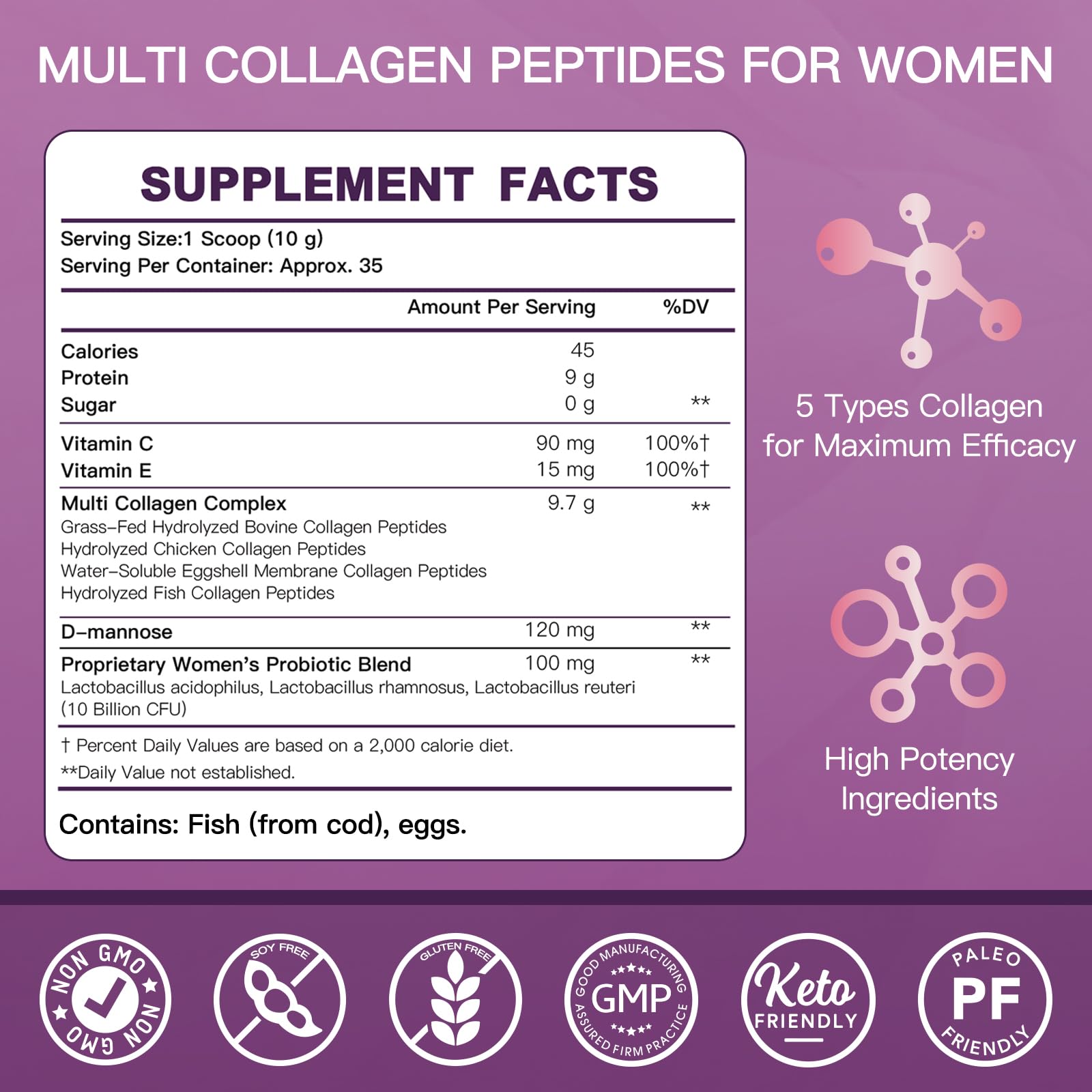 ZEBORA Multi Collagen Peptides Powder for Women – Hydrolyzed Collagen Peptides with D-Mannose & Women's Probiotics – Supports Skin, Hair, Nails, and Urinary Tract Health, Unflavored, 35 Servings