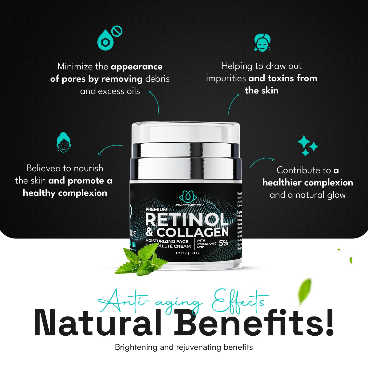 ATN Cosmetics Retinol Cream for Face & Neck, Collagen Moisturizer, Day & Night Cream for Women & Men, Anti Aging, Wrinkle Cream with Hyaluronic Acid, Made in USA