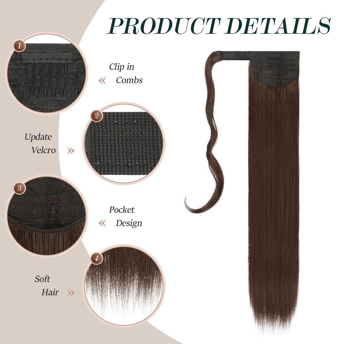 FESHFEN Straight Ponytail Extensions 28 Inch Long Wrap Around Synthetic Hair Piece Clip in Ponytail Hair Extensions Hairpiece for Women Girls 150g