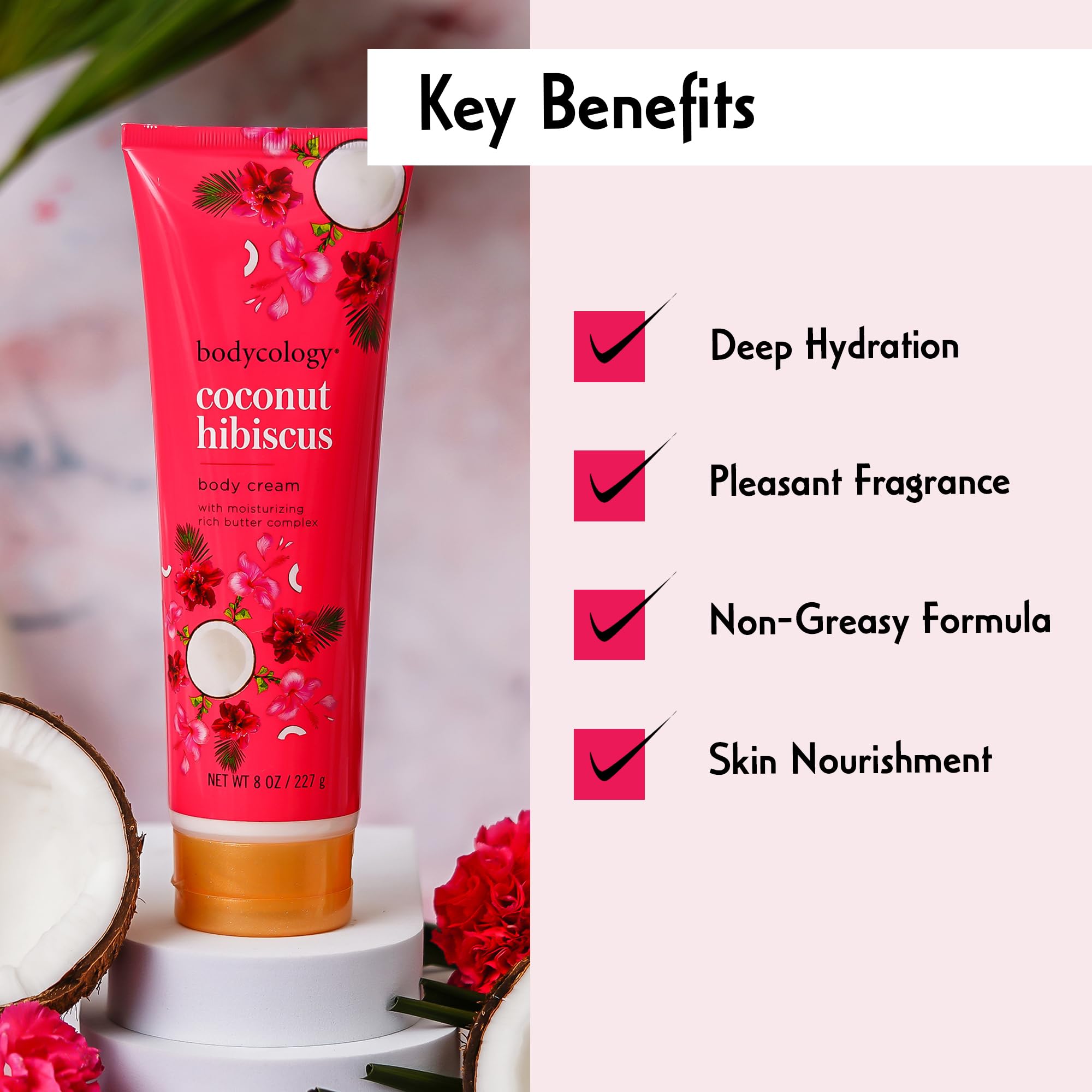 Bodycology Coconut Hibiscus Body Cream | Shea Butter, Cocoa Butter, Jojoba Oil | Paraben & Phthalete Free, Cruelty Free | Hydrates, Moisturises, Improves Skin Textures - 227 g (Pack of 1)