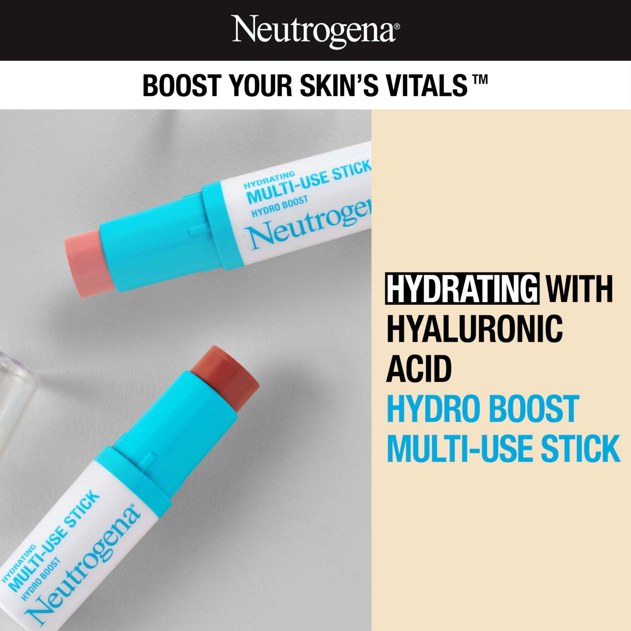Neutrogena Hydro Boost Hydrating Multi-Use Makeup Stick with Hyaluronic Acid, Gentle Multi-Use Colored Makeup Balm to Brighten Lips, Cheeks & Eyes, Non-Comedogenic, Soft Pink, 0.26 oz