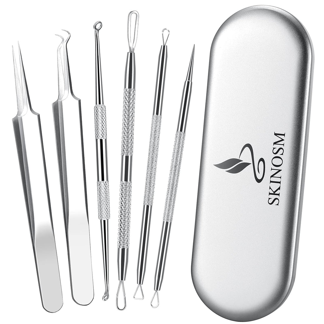 SKINOSM Blackhead Remover Acne Pimple Comedone Extractor Curved Whitehead Tweezers Tool Kit Treatment for Facial Skin Care Protect with Silver Metal Case (Tweezers Kit 6pcs)