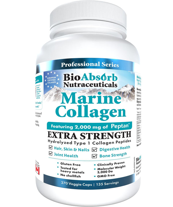 Bio Absorb Marine Collagen Capsules, Mercury Free, No Fish Aftertaste, 67-Day Supply of Hydrolyzed Marine Collagen Powder, Type 1 Marine Collagen Peptides (270 Pills of Fish Collagen Powder)
