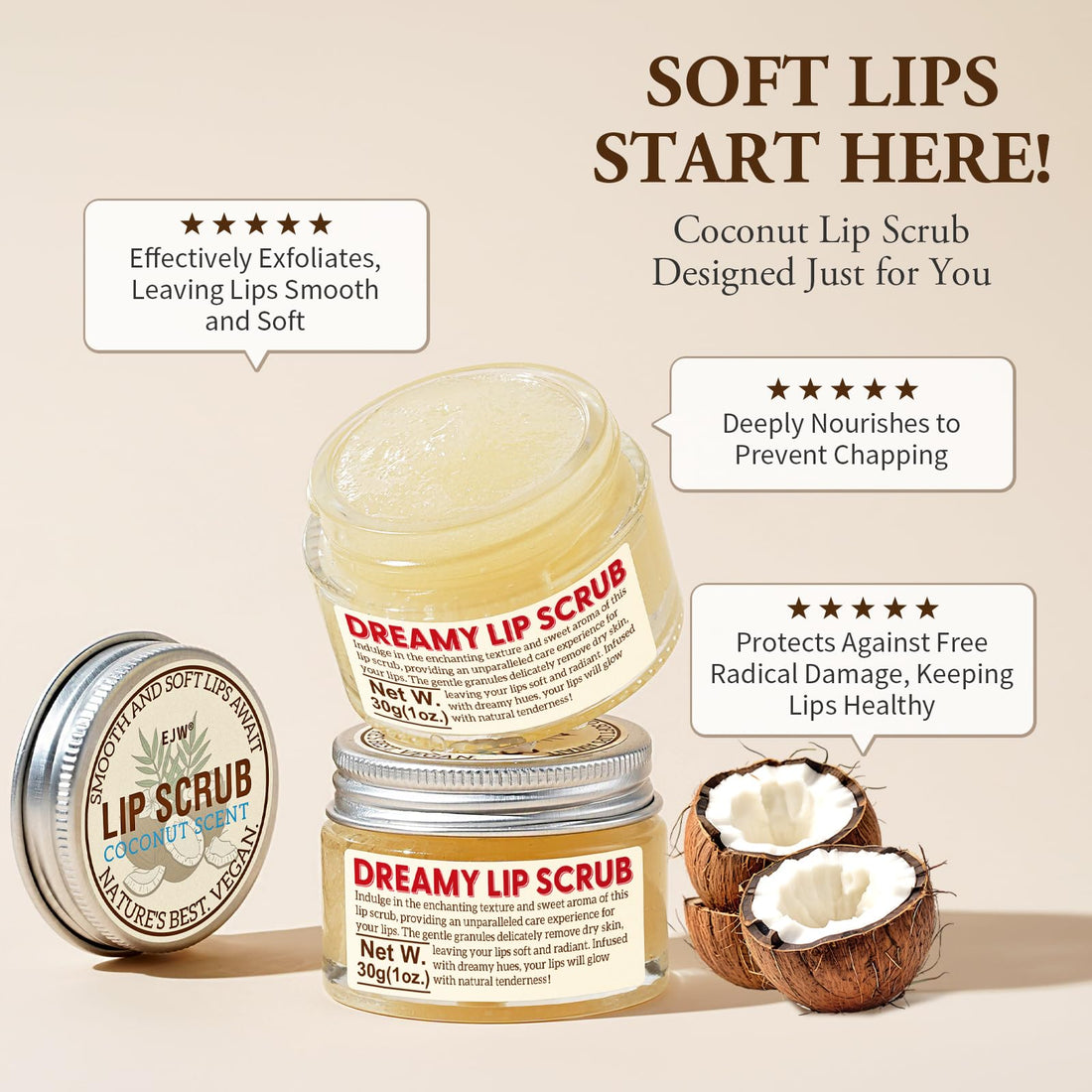 EJW Nourishing Lip Scrub - Infused with Coconut Oil, Olive Fruit Oil, and Jojoba Seed Oil, 1.05oz - Exfoliate, Hydrate, and Glow for Chapped Dry, Dark Lips