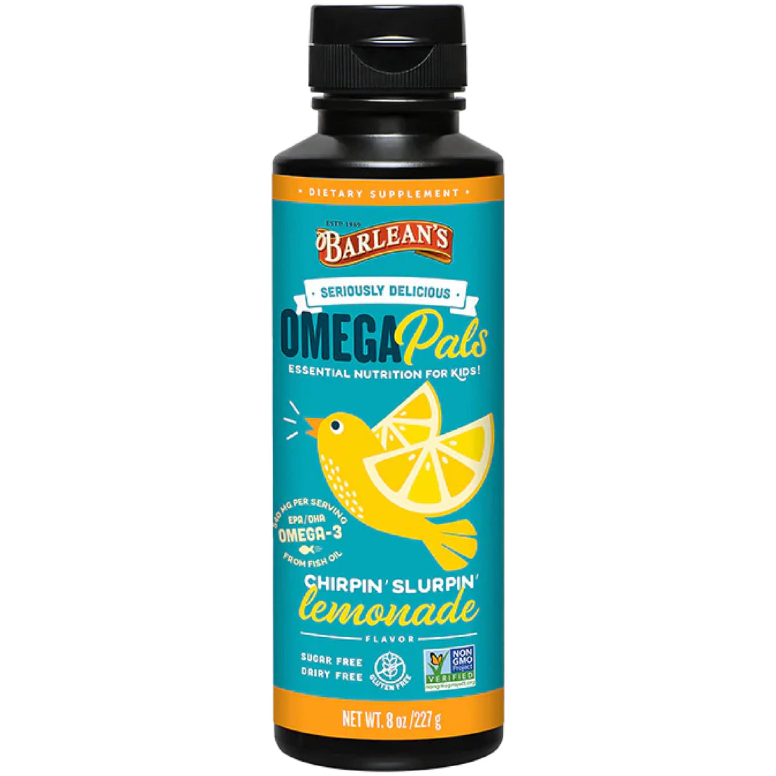 Barlean's Omega Pals Chirpin' Slurpin' Omega 3 for Kids, Yummy Lemonade Flavored Children's Liquid Fish Oil Supplement with 540 mg of EPA & DHA for Brain & Eye Health, 8 oz