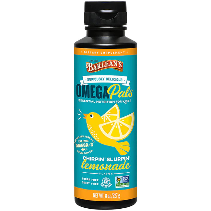 Barlean's Omega Pals Chirpin' Slurpin' Omega 3 for Kids, Yummy Lemonade Flavored Children's Liquid Fish Oil Supplement with 540 mg of EPA & DHA for Brain & Eye Health, 8 oz