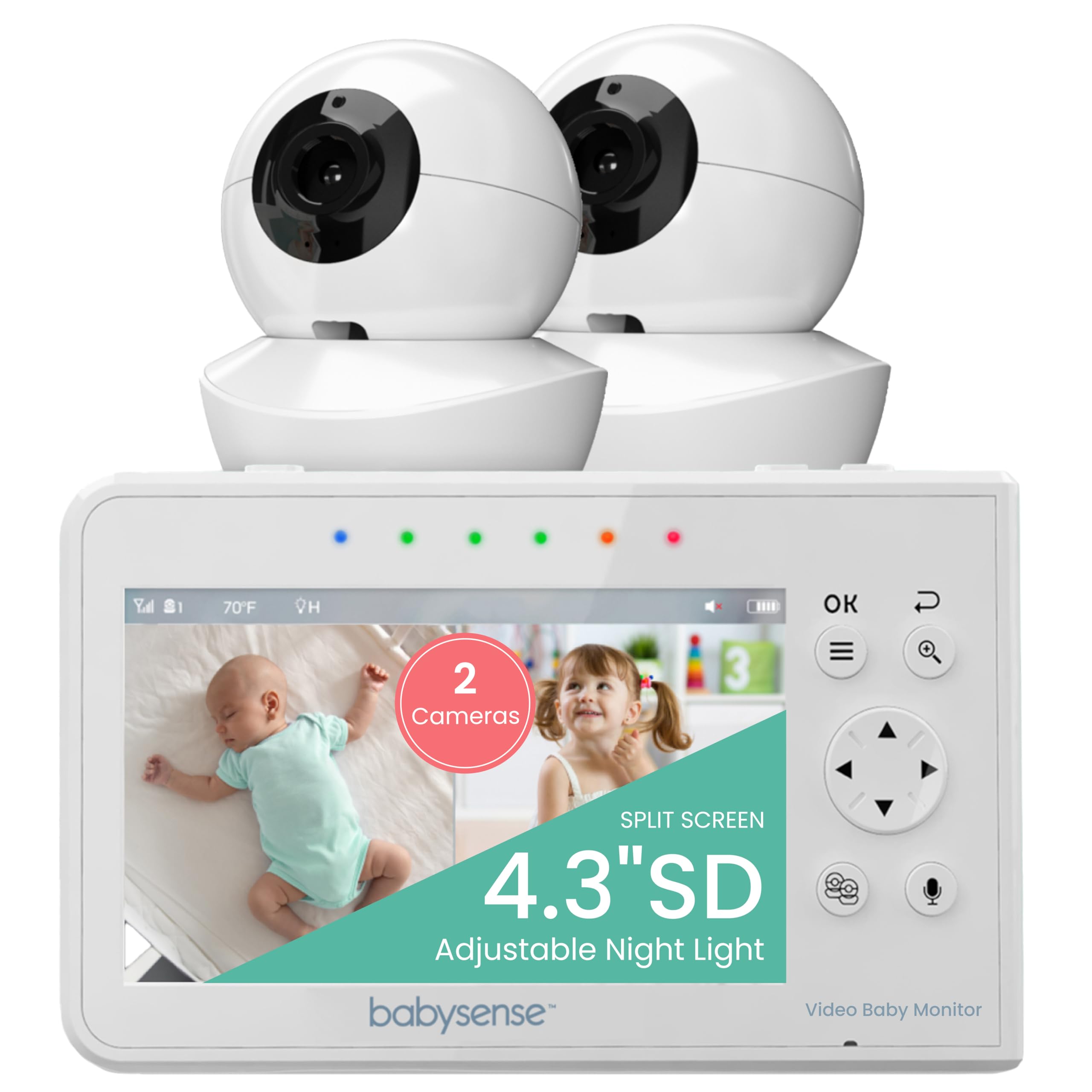 Babysense Baby Monitor with 2 Cameras and Audio 4.3, Non Wifi Baby Monitor, Dual Split Screen, Portable Double Sleep Video Monitoring, Auto Night Vision & Light, Lullabies & White Noise Two-Way Audio
