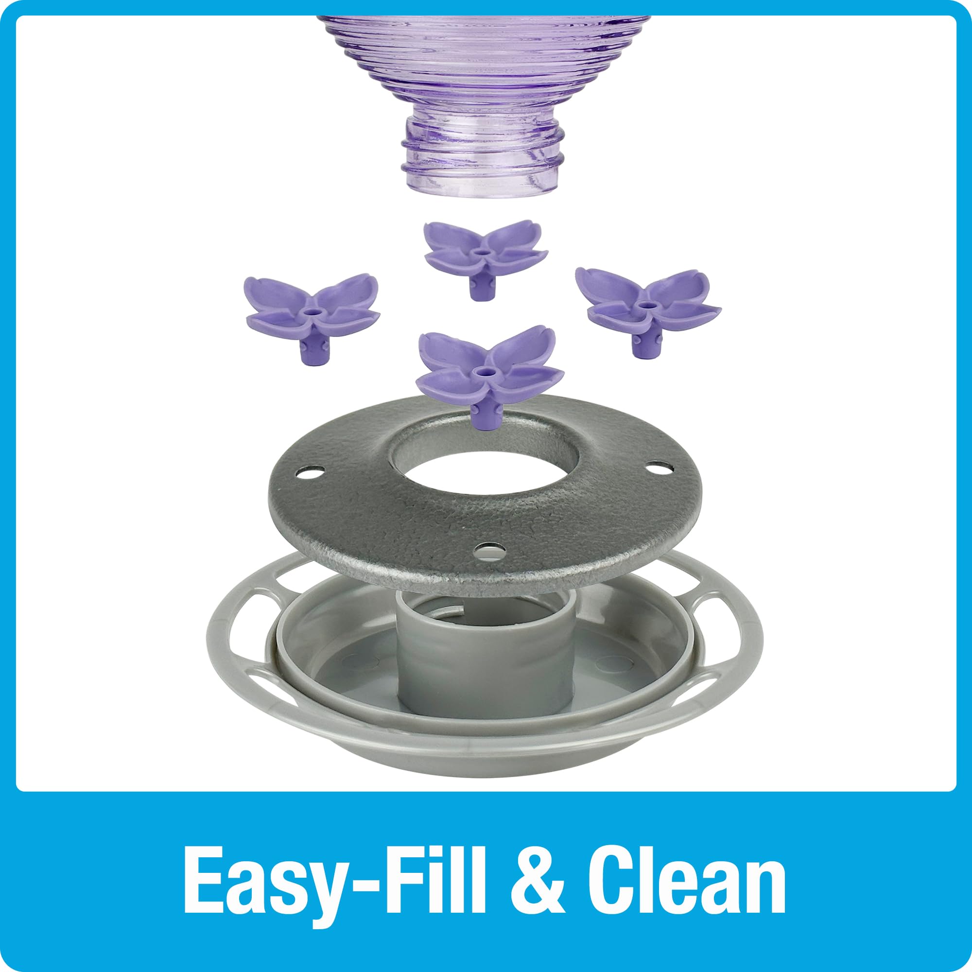 Nature's Way Hanging Glass Hummingbird Feeder for Outdoor Decor, 29 Ounce Capacity Nectar Feeder, 4 Easy to Clean Flexible Ports, Purple Lilac