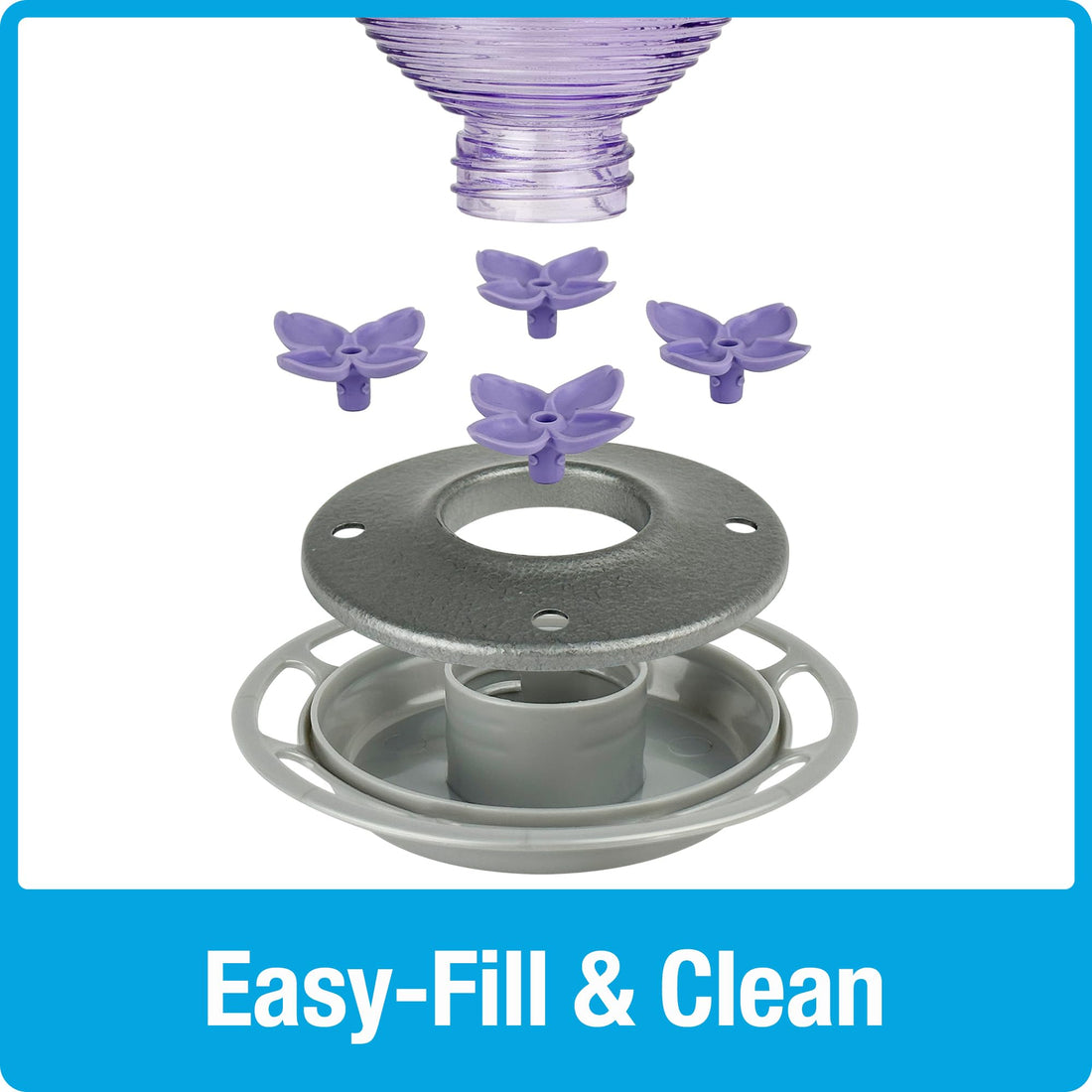 Nature's Way Hanging Glass Hummingbird Feeder for Outdoor Decor, 29 Ounce Capacity Nectar Feeder, 4 Easy to Clean Flexible Ports, Purple Lilac