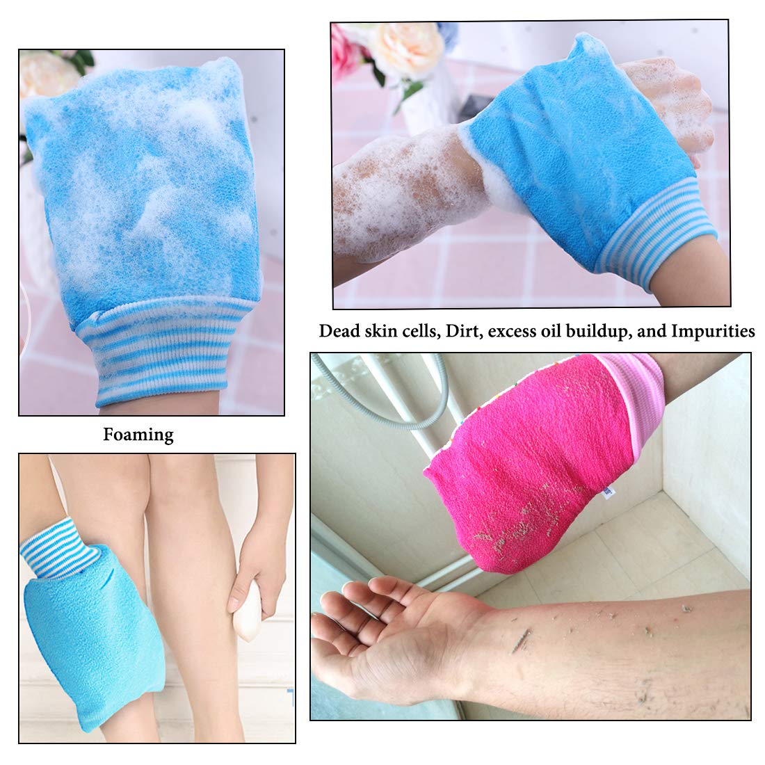 LISSOMPLUME 2 PACK Exfoliating Body Scrub Bath Towel Mitt | Large Shower Gloves Mitten | Remove Dead Skin | Double Sided Available | Men Women | Blue