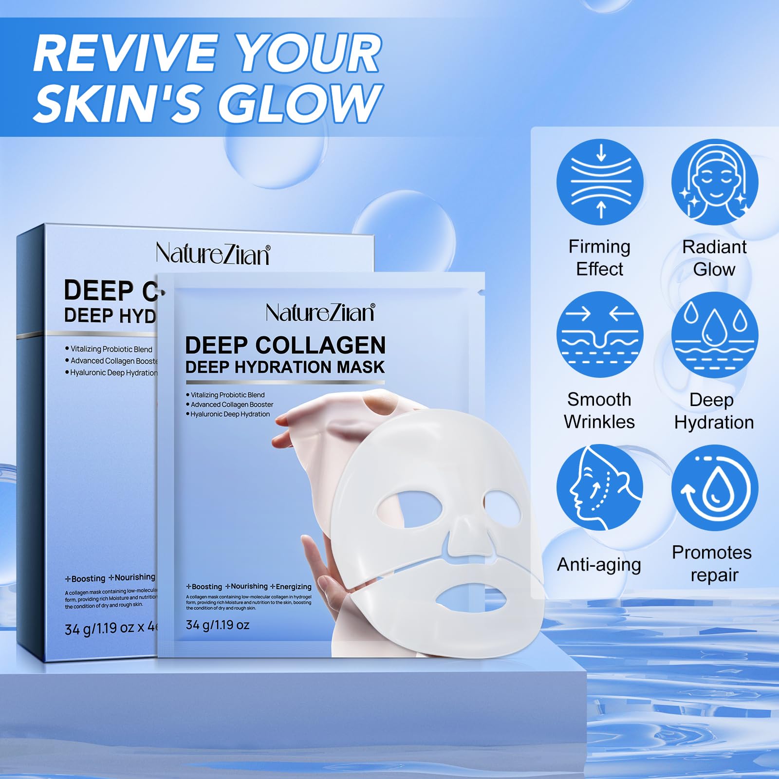 GOGIFTGO Collagen Face Mask,Collagen Real Deep Mask,Collagen Mask,Deep Hydrating Anti Wrinkle Lifting Mask,Hydrogel Masks for All Skin Types 34g*4ea