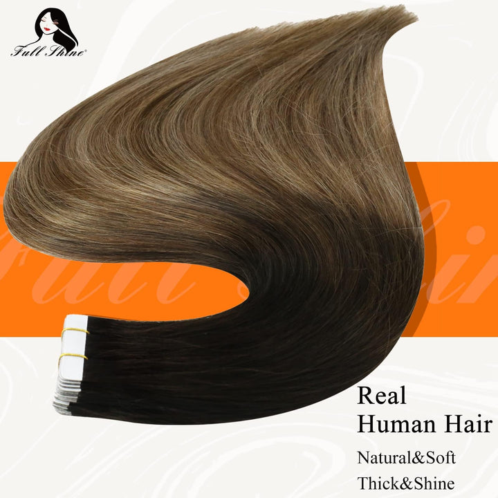 18 Inch, 1B/#6/#27 : Fshine 18 Tape in Ombre Hair Extensions Human Hair Tape in Extensions Balayage Hair Color #1B Fading to #6 and #27 Honey Blonde 20 Pcs 50gram Per Package