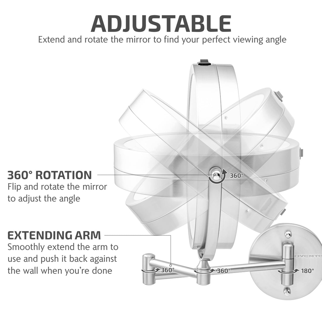 OVENTE 9 Lighted Wall Mount Makeup Mirror with 1X/10X Magnification, Cordless Double Sided Magnifying Round Vanity Mirror, 360° Swivel Design, Extendable and Folding Arm, Nickel Brushed MFW85BR1X10X