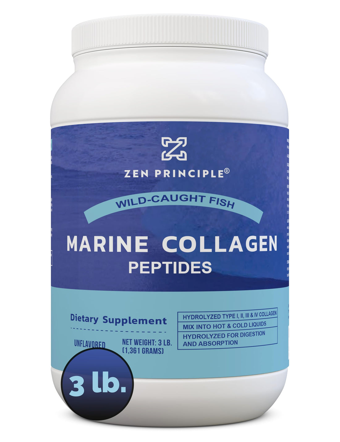 Zen Principle Marine Collagen Peptides Powder 3 lb. Wild-Caught Fish, Non-GMO. Supports Healthy Skin, Hair, Joints, and Bones. Hydrolyzed Type 1 & 3 Protein. Amino Acids, Unflavored, Easy to Mix.