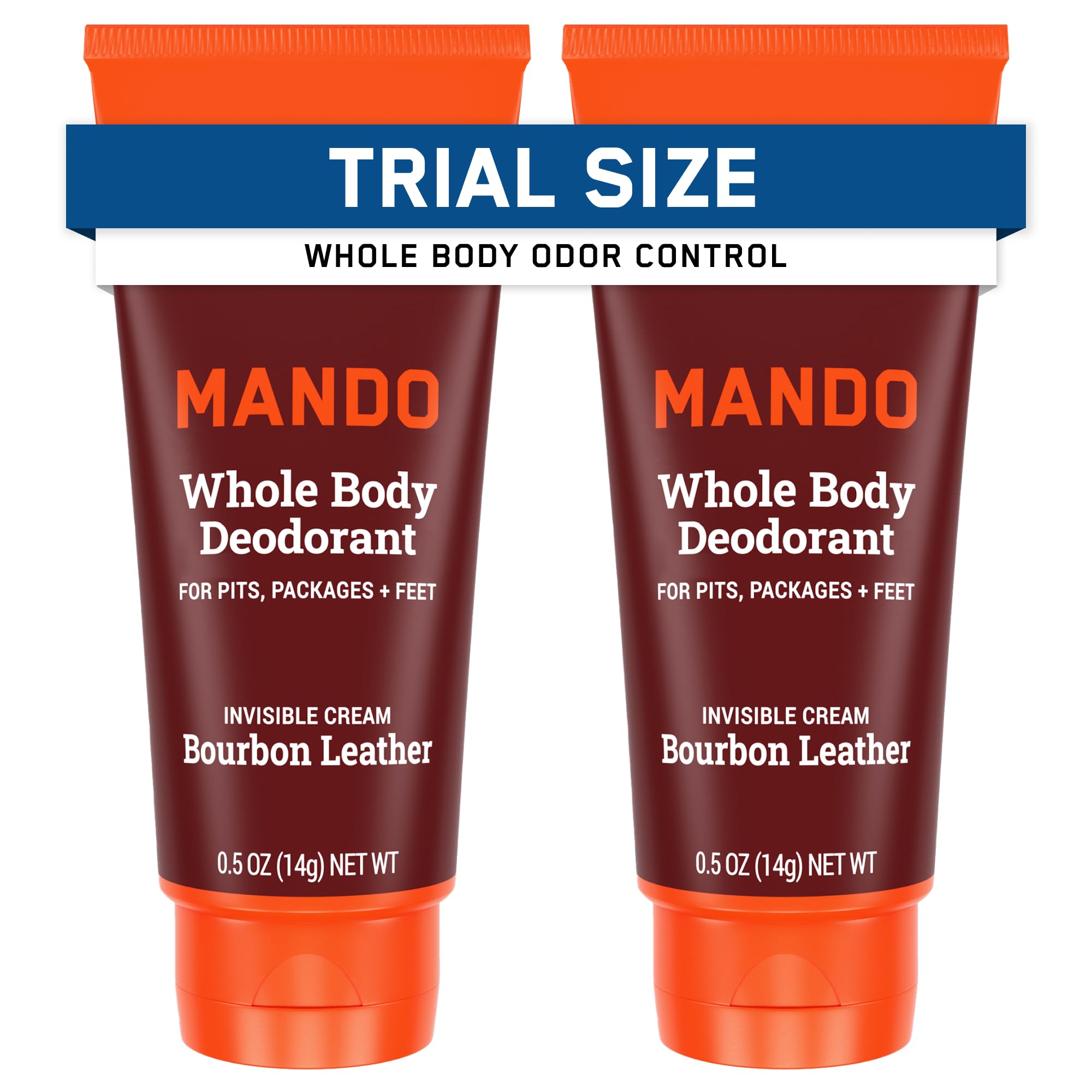 Mando Whole Body Deodorant - Mini Travel Size Invisible Cream Tube - 72 Hour Odor Control - Aluminum and Baking Soda Free, Skin Safe - .5 oz (Pack of 2) (Bourbon Leather)