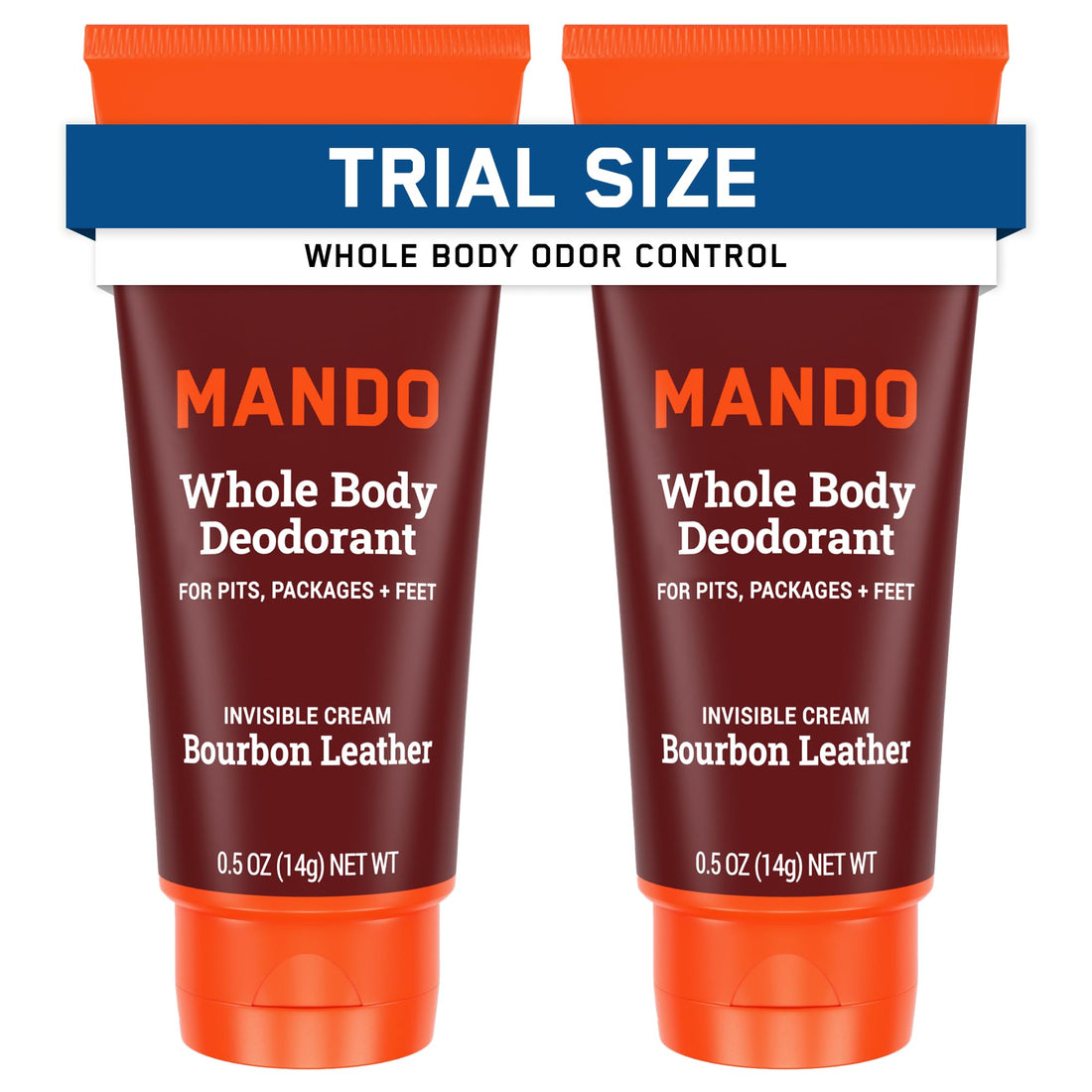 Mando Whole Body Deodorant - Mini Travel Size Invisible Cream Tube - 72 Hour Odor Control - Aluminum and Baking Soda Free, Skin Safe - .5 oz (Pack of 2) (Bourbon Leather)