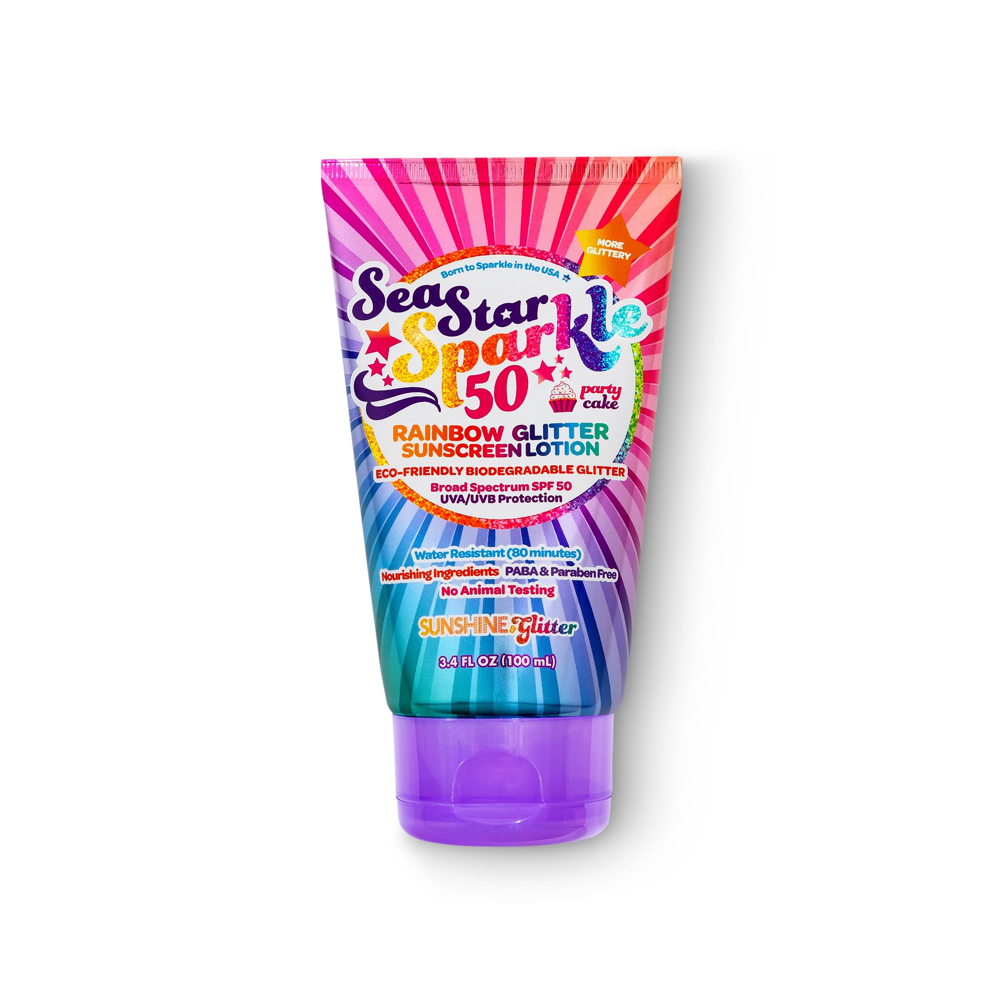 Seastar Sparkle - Rainbow Party Cake Scented Glitter Sunscreen - SPF 50 - Biodegradable Sunscreen, Kids, Water Resistant, Glitter lotion, Cruelty Free, Kids Lotion, Made in USA, 3.4oz