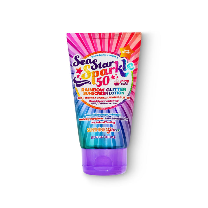 Seastar Sparkle - Rainbow Party Cake Scented Glitter Sunscreen - SPF 50 - Biodegradable Sunscreen, Kids, Water Resistant, Glitter lotion, Cruelty Free, Kids Lotion, Made in USA, 3.4oz