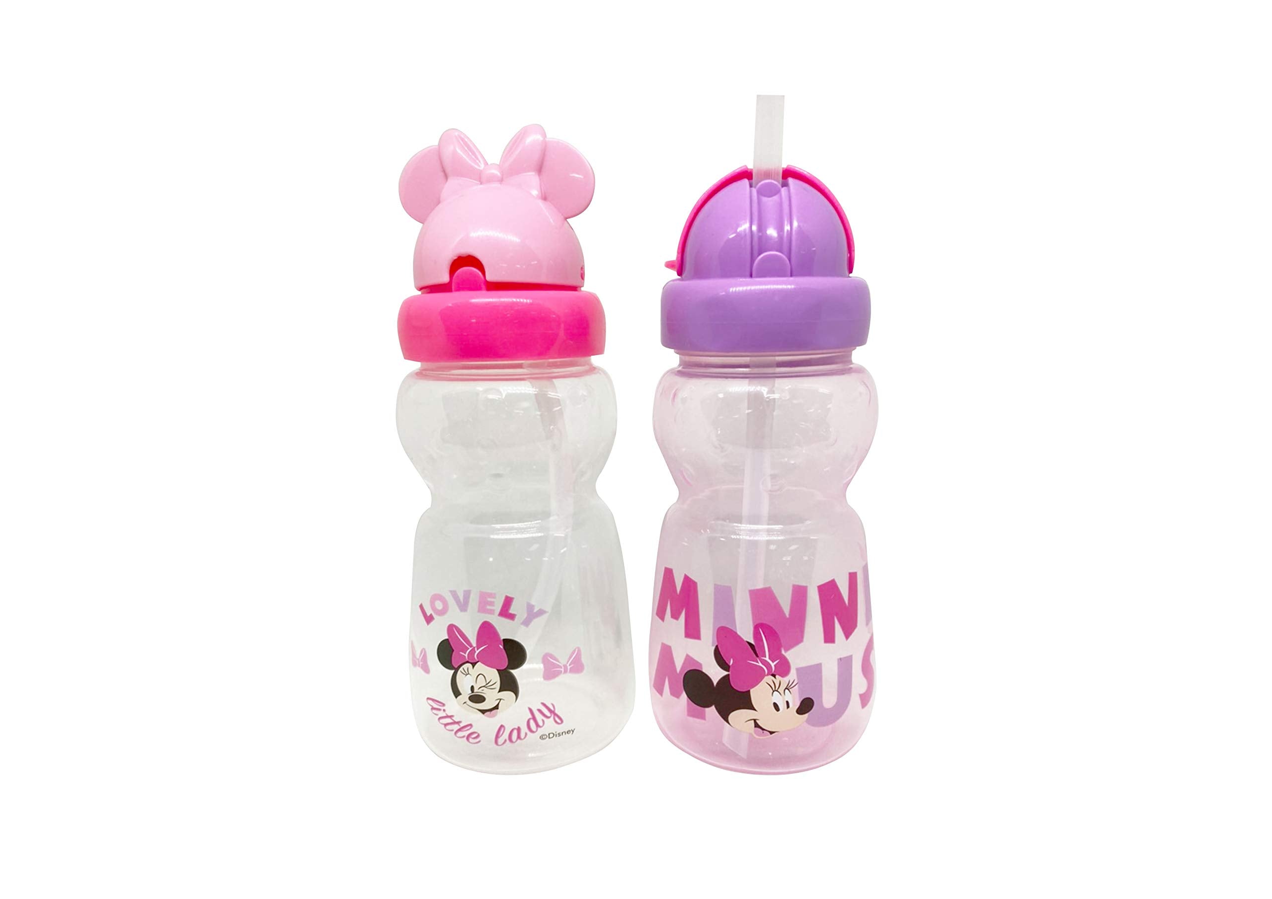 Disney Cudlie Minnie Mouse Baby Girl 2 Pack of 11 Oz Sippers Pop Up Straw Character Molded Lid with Little Lady Print