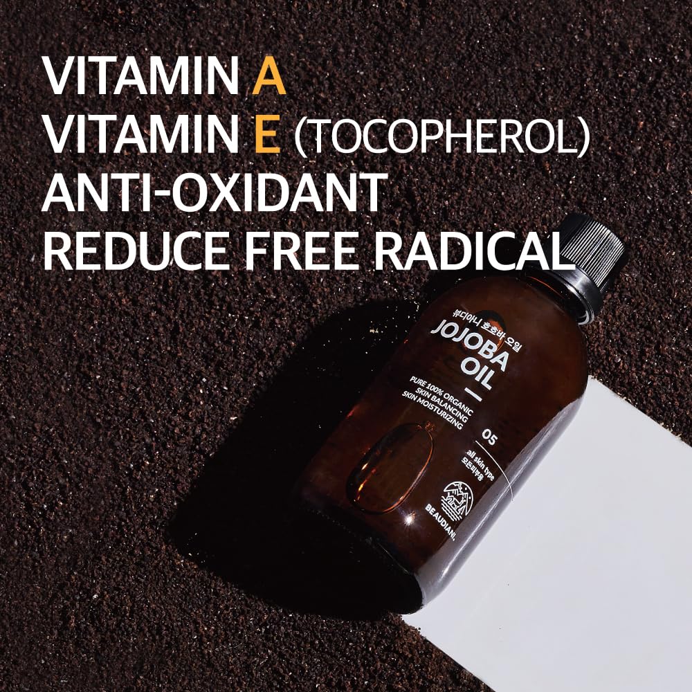 BEAUDIANI Organic jojoba Oil 100ml 100% Pure Organic Natural Golden Oil Cold Pressed Virgin, Korean Skin Care jojoba Oil for Skin, face, Body, Hair, Nail, Cuticle, Vitamin E Oil, Israel Origin