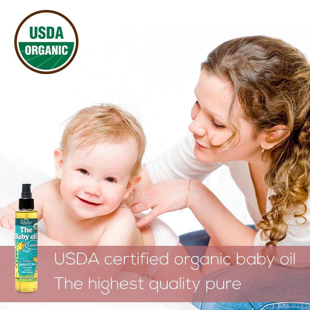 US Organic Baby Oil with Calendula, Jojoba, and Olive Oil with Vitamin E, USDA Certified Organic, No Alcohol, Paraben, Artificial Detergents, Color, Synthetic Perfumes, 5 fl. Oz (Pure Unscented)