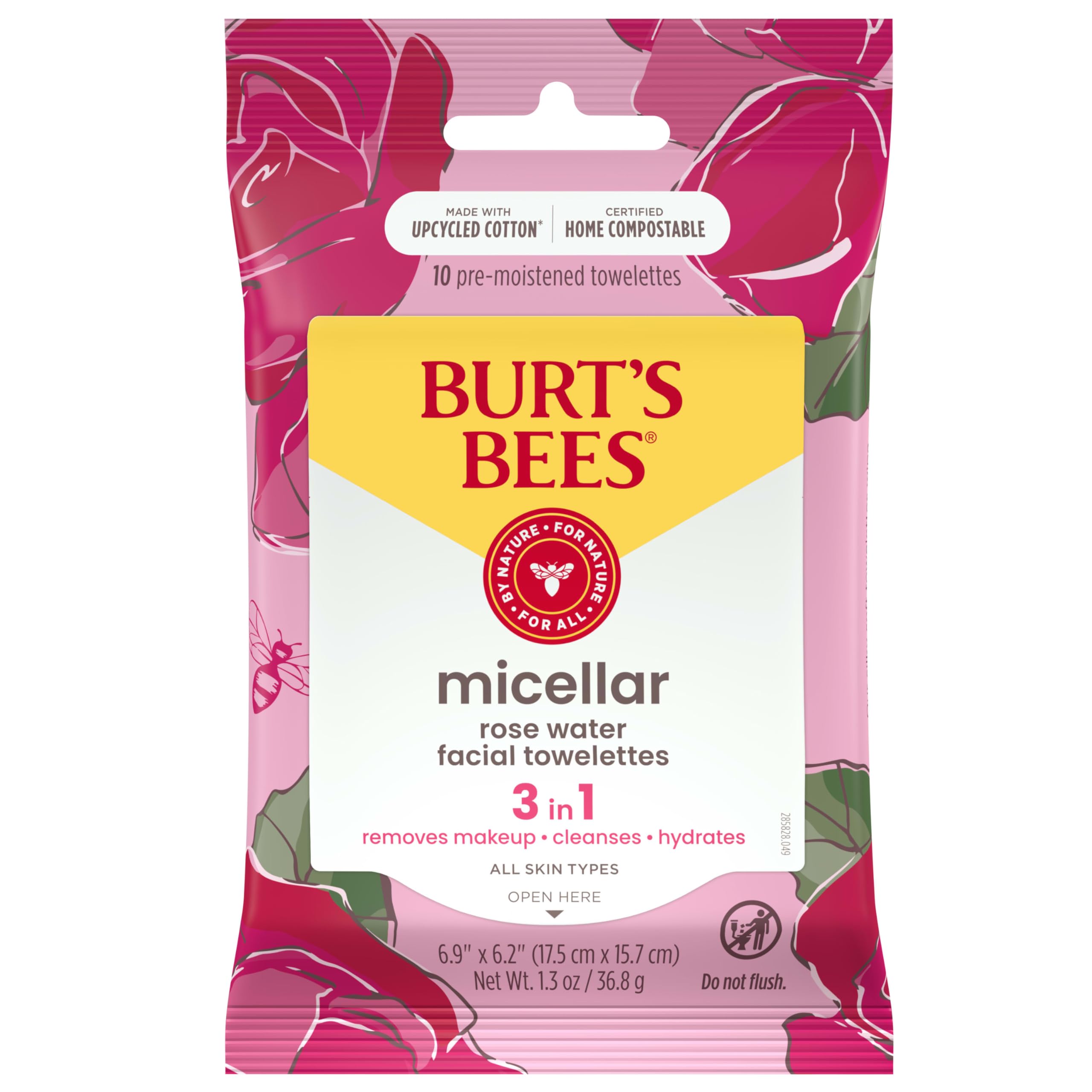 Burt's Bees Micellar Facial Towelettes With Rose Water, Pre-Moistened Towelettes for All Skin Types, 99.5 Percent Natural Origin Skin Care, 10 ct. Package