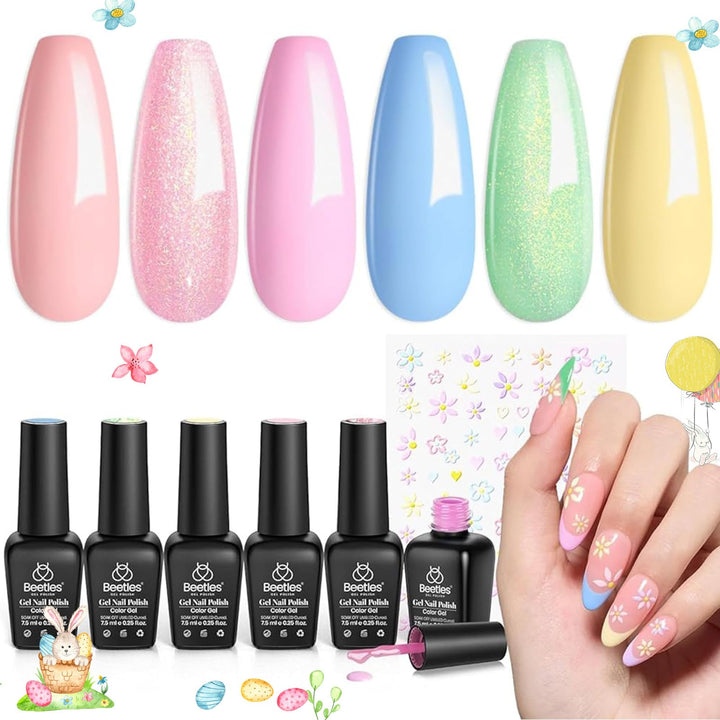 Beetles Pastel Gel Nail Polish - 6 Colors Pink Green Blue Yellow Shimmer Glitter Gel Polish Mermaid Nail Drawing Soak Off Uv Led Needed Nail Polish Nail Art Manicure Gifts for Women
