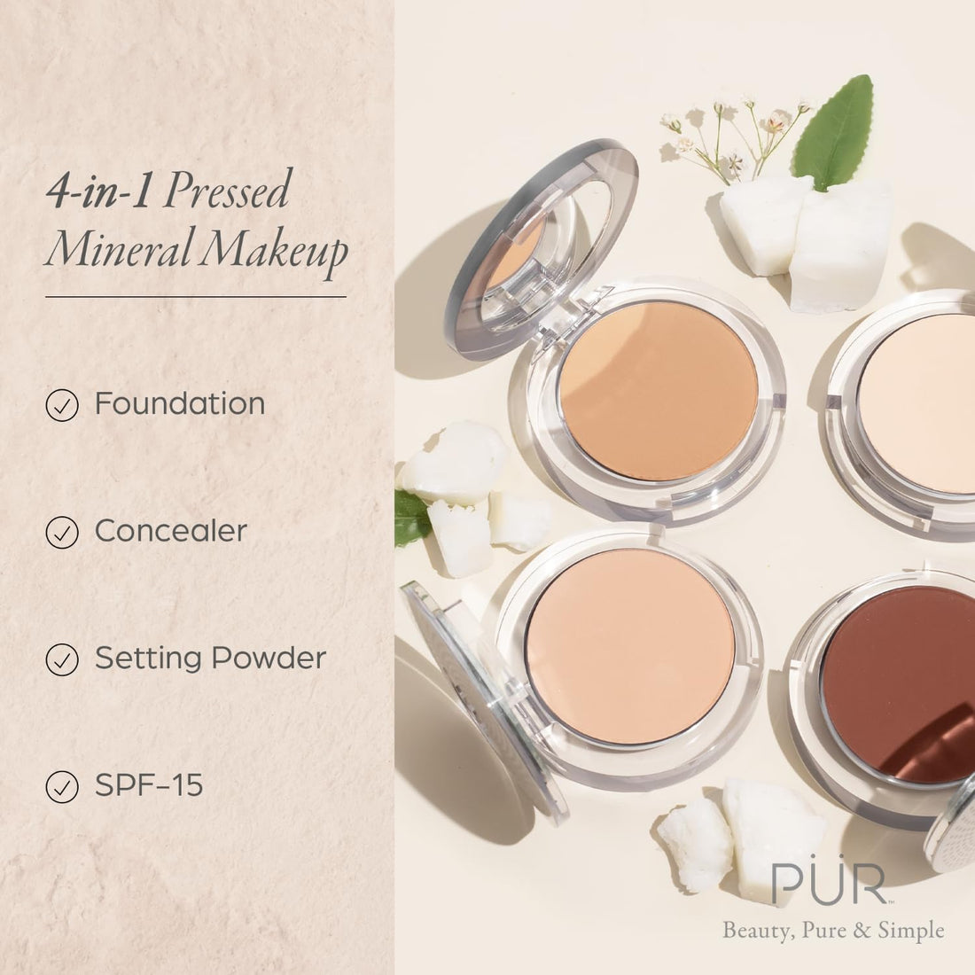 PUR Beauty 4-in-1 Pressed Mineral Makeup Powder Foundation with SPF 15 - Concealer & Finishing Compact Pressed Powder for Face - Buildable Medium to Full Coverage Foundation Powder (Light Tan)