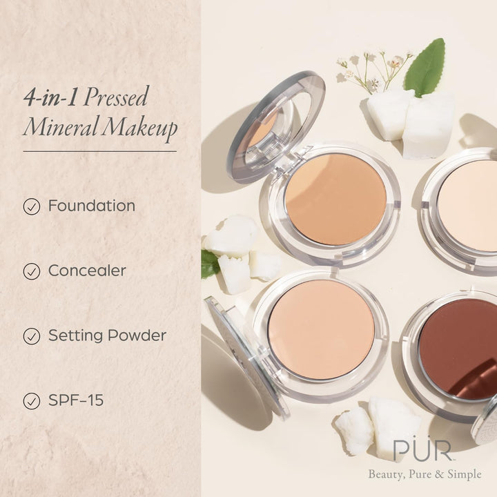 PUR Beauty 4-in-1 Pressed Mineral Makeup Powder Foundation with SPF 15 - Concealer & Finishing Compact Pressed Powder for Face - Buildable Medium to Full Coverage Foundation Powder (Light Tan)